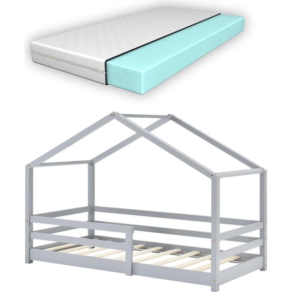 In And Outdoormatch Letto Per Bambini Toni - Pino - Casa Letto - Con Materasso E Protezione Anticaduta - 70 X 140 Cm - Grigio Chiaro - Per Ragazze - Per Ragazzi - Per Bambini-image