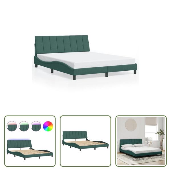 The Living Store Struttura Letto Con Luci Led Verde Scuro 160X200 Cm In Velluto-image