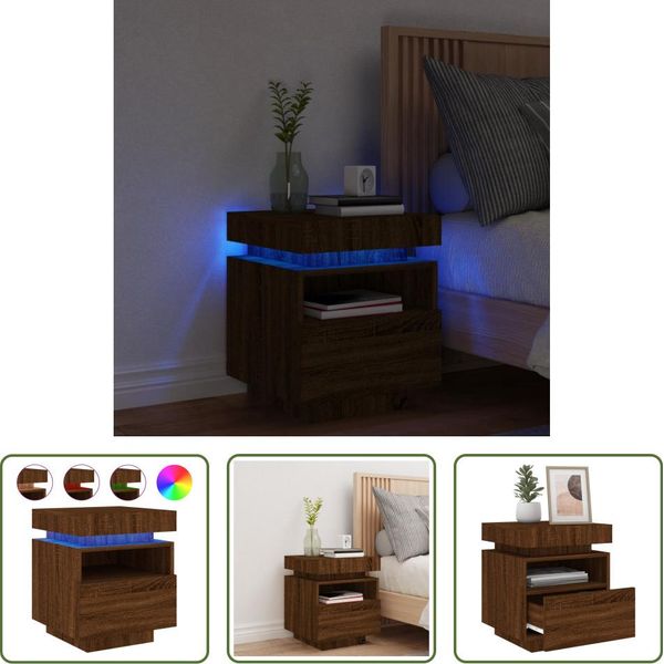 The Living Store Comodino Con Luci Led Effetto Rovere Marrone 40X39X48,5 Cm-image