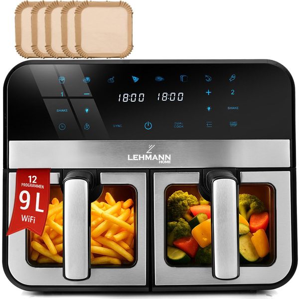 Friggitrice Ad Aria Calda Lehmann 2 Camere Con Finestra Di Visualizzazione, 2400 W, 9L, Con 12 Programmi, Fino A 200°C, Wifi-image