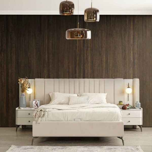 Suite Imbottita Per Camera Da Letto Bianca Letto Matrimoniale Elegante 2X Comodini-image