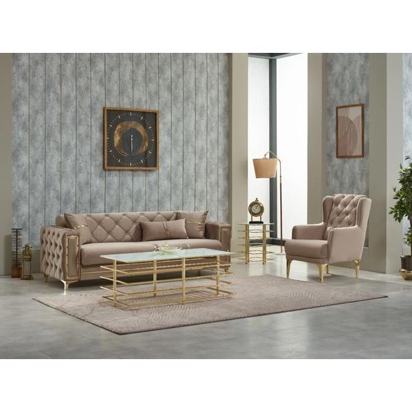 Set Divano Divano Imbottito Divano A Tre Posti Poltrona Beige 2Pcs-image