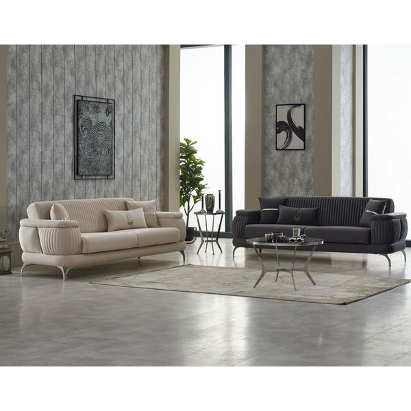 Set Divano Divano Imbottito Divano A Tre Posti In Tessuto Grigio Beige 2Pcs-image