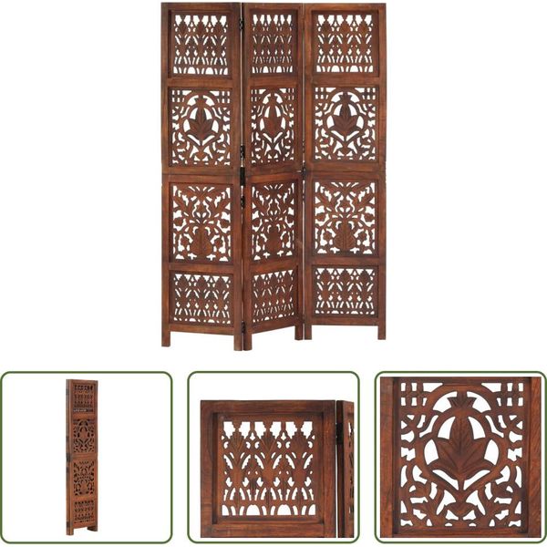 The Living Store Divisorio 3 Pezzi Intagliato A Mano 120×165 Cm In Legno Massello Di Mango-image