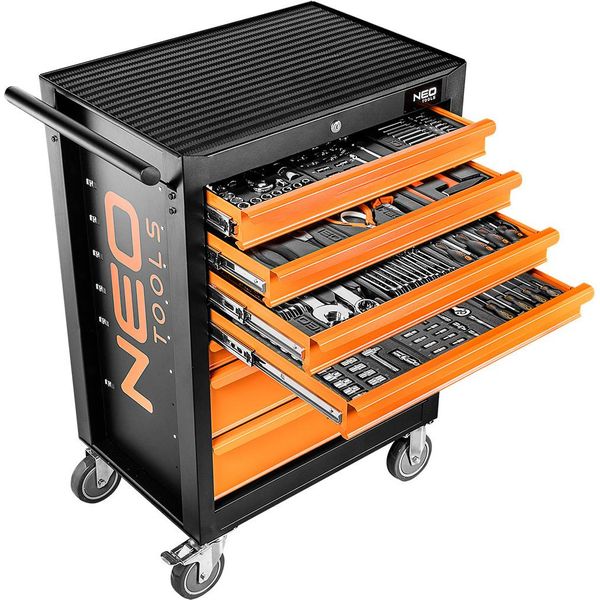 Neo Tools Carrello Da Officina Riempito Di Utensili 176 Pezzi | 7 Scomparti - Cassetti Con Cuscinetti A Sfera - Chiusura Centrale - Tappetino Antiscivolo-image