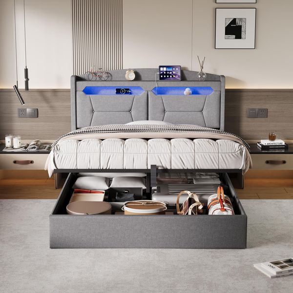 Letto Idraulico Proximax 140×190 Cm In Grigio Chiaro - Tessuto Di Lino, Testata A Led Con Usb E Mensola, Spazio Di Archiviazione Sotto Il Letto - Per Camere Da Letto Moderne-image