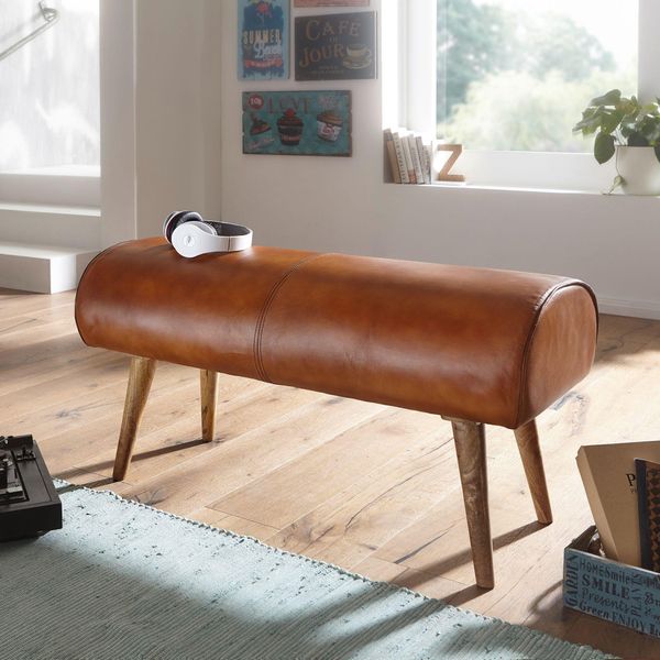 Panca In Vera Pelle / Panca In Legno Massiccio 100X53X40 Cm | Wohnling-image