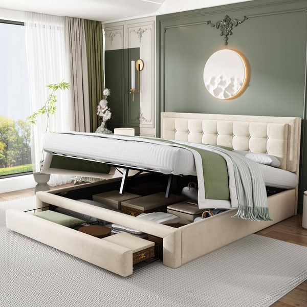 Letto Imbottito Merax 180X200Cm Con Giroletto E Cassetti, Box Spring Idraulico Letto Matrimoniale In Velluto Letto Contenitore, Beige-image