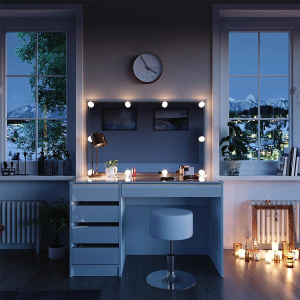 Vicco Tavolino Da Toilette Sherry, 120 Cm Con Illuminazione A Led E Sgabello, Bianco/Oro-image