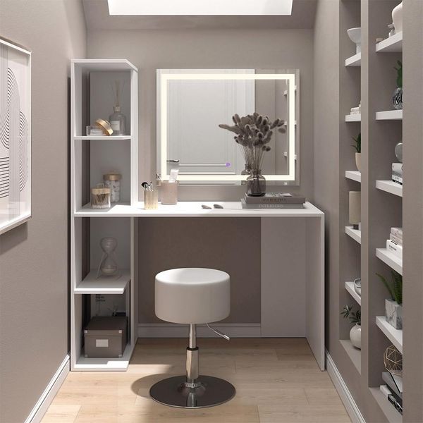 Vicco Tavolo Da Toeletta Tower, 122.2 Cm Con Illuminazione E Sgabello, Bianco-image
