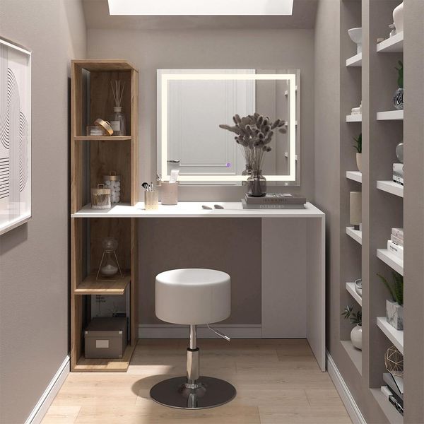 Vicco Tavolo Da Toeletta Tower, 122.2 Cm Con Specchio Led E Sgabello, Bianco/Sonoma-image