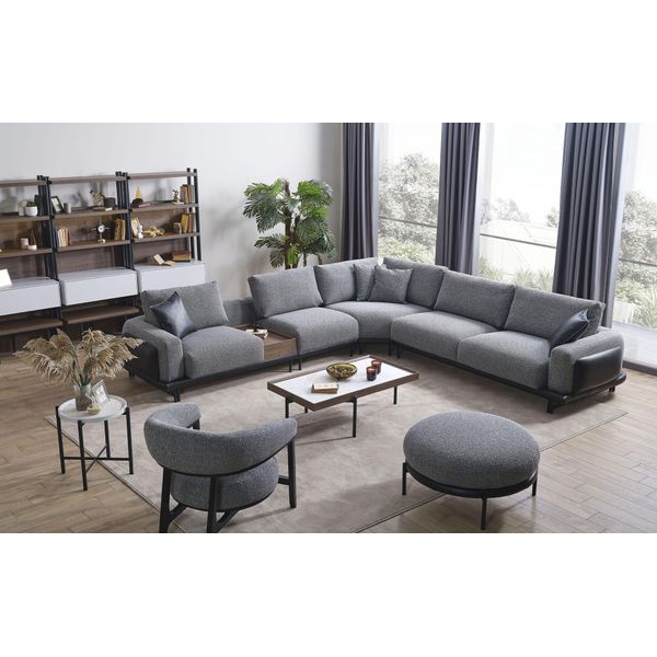 Luxury Grey Living Room Suite Corner Sofa L-Shaped Couch Upholstered Armchair 3Pcs-image