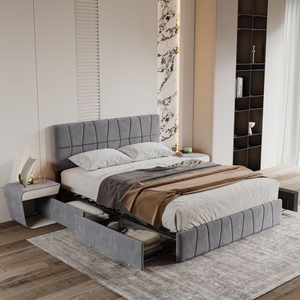 Letto Imbottito Fortuna Lai 160X200 Cm, Letto Matrimoniale In Legno Con Rete A Doghe, 4 Cassetti E Rivestimento In Velluto, Letto Funzionale E Letto Contenitore In Grigio-image