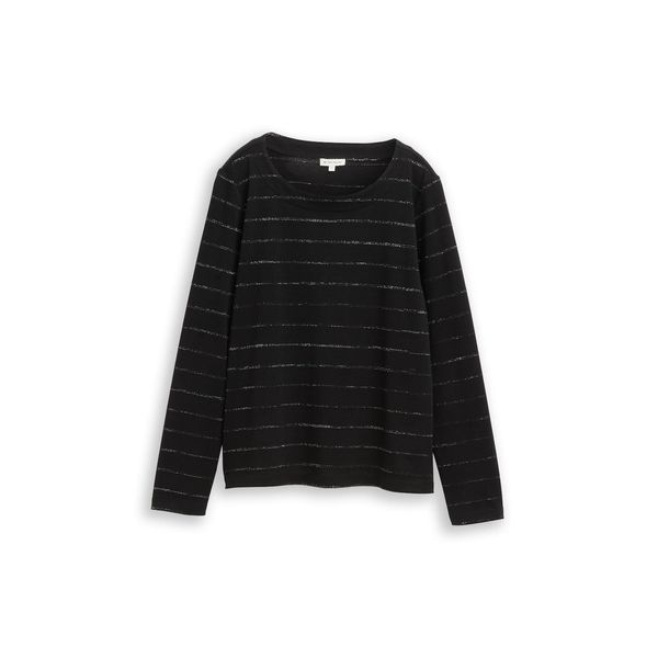 Tom Tailor Damen Langarmshirt Mit Glitzer-Streifenmuster, Schwarz, Gestreift, Gr. M-image