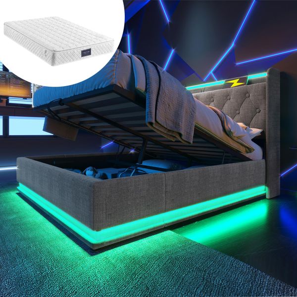 Letto Imbottito Letto Matrimoniale, LDE160 X 200 Cm, Materiale Lino Grigio Letto Contenitore Idraulico, Testata Con Usb Type-C Con Materasso-image