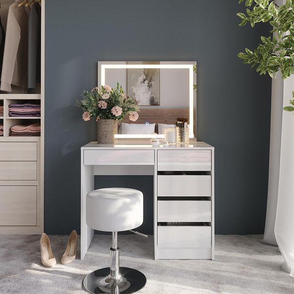 Vicco Tavolo Da Toeletta Sherry, 89.8 Cm Con Specchio Led E Sgabello, Bianco/Bianco Lucido-image