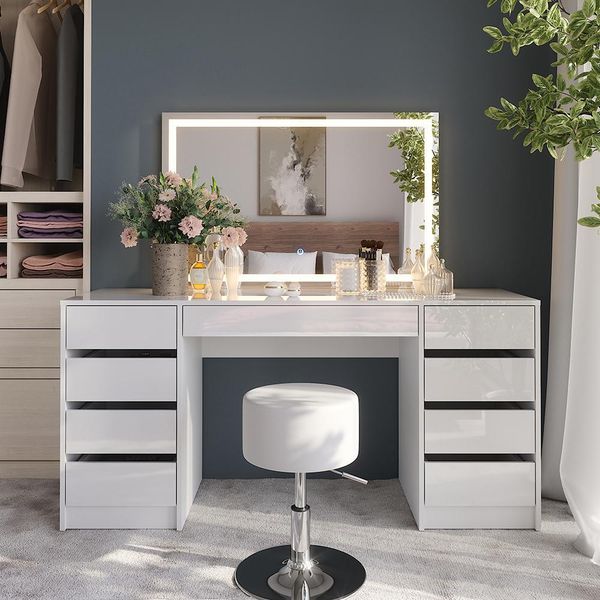 Vicco Tavolo Da Toeletta Sherry, 158.2 Cm Con Specchio Led E Sgabello, Bianco/Bianco Lucido-image