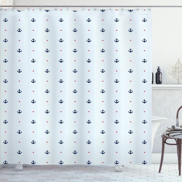 Abakuhaus Tenda Da Doccia Con Ancore, Romantico Motivo Nautico Con Ancore Blu E Piccoli Cuori Rossi, 175 X 220 Cm, Azzurro Blu Scuro Rosso-image