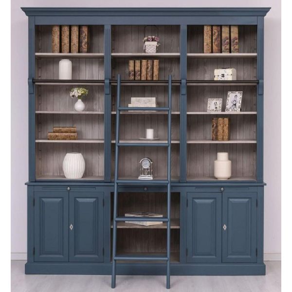 Casa Padrino Libreria Country Con Scala Blu/Grigio 229 X 51 X H. 244 Cm - Mobile In Legno Massello - Mobile Da Soggiorno - Mobile A Scaffale - Mobile Da Ufficio - Mobili In Stile Country-image