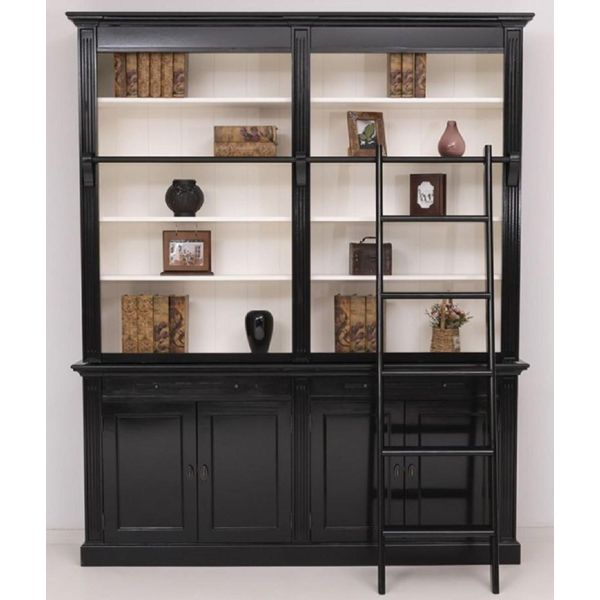 Casa Padrino Libreria Country Con Scaletta Nero/Bianco 200 X 40 X H. 240 Cm - Mobile In Legno Massello - Mobile Soggiorno - Mobile Scaffale - Mobile Ufficio - Mobili In Stile Country-image