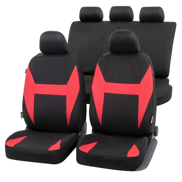 Walser Coprisedile Auto Caledon Set Completo, Coprisedile Auto Universale 4 Pezzi, Coprisedile Auto, 2 Coprisedili Anteriori, 1 Coprisedile Posteriore Nero-Rosso-image