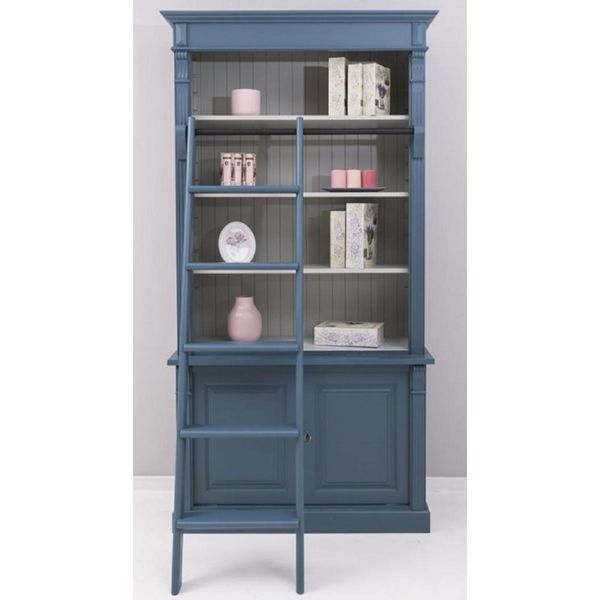 Casa Padrino Libreria In Stile Country Con Scala Blu/Grigio 120 X 51 X H. 228 Cm - Mobile In Legno Massello - Mobile A Scaffale - Mobile Da Soggiorno - Mobile Da Ufficio - Mobili In Stile Country-image