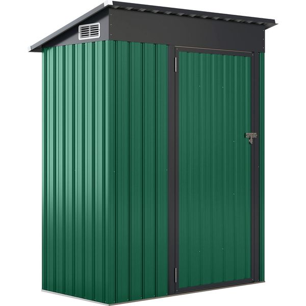 Capanno Da Giardino In Metallo Costway, 150 X 90,5 X 185 Cm | 1,5 M³, Capanno Per Attrezzi Con Tetto A Una Falda E Porta, Capanno Per Attrezzi Con Serratura, Capanno Da Giardino Per Esterni Verde-image