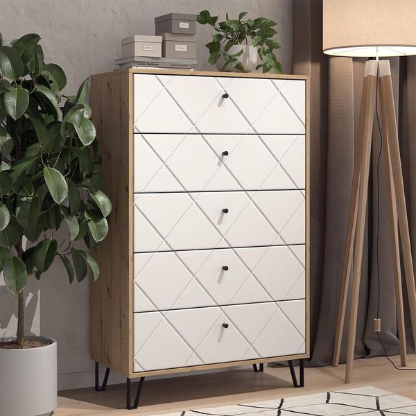 Vicco Cassettiera Per Camera Da Letto Nizza, 80.2 X 127.4 Cm Con 5 Cassetti, Artigianale/Bianco/Bianco-image