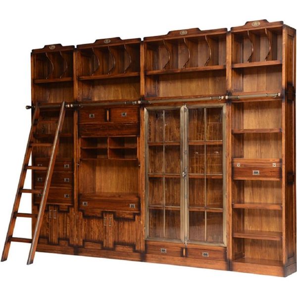 Casa Padrino Libreria In Stile Vintage Con Scala Marrone 331 X 34 X H. 256 Cm - Mobile In Legno Massello - Mobile A Scaffale - Mobile Da Soggiorno - Mobile Da Ufficio - Mobili In Legno Massello - Mobili Per Ufficio-image