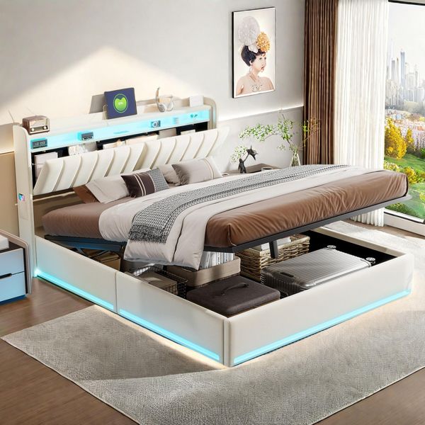 Letto Imbottito Proximax 140×200 Cm In Beige - Rivestimento In Velluto, Testata A Led, Porta Di Ricarica Usb E Ripiano - Spazio Di Archiviazione Sotto Il Letto, Moderno E Pratico-image