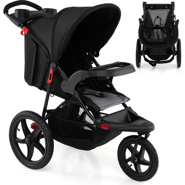 Costway Passeggino A Tre Ruote, Passeggino Da Viaggio Con Portabicchieri, Funzione Reclinabile, Capottina E Vassoio, Passeggino Per Bambini Da 0 A 4 Anni, Nero-image