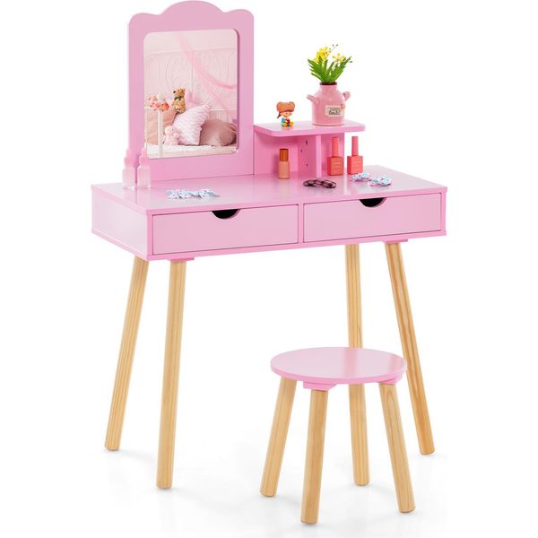 Set Da Toilette Per Bambini Costway, Toilette 2 In 1, Scrivania E Sgabello Con Specchio, 2 Cassetti, Pettine, Cassettiera Per Il Trucco Per Bambine Dai 3 Anni In Su, Rosa-image