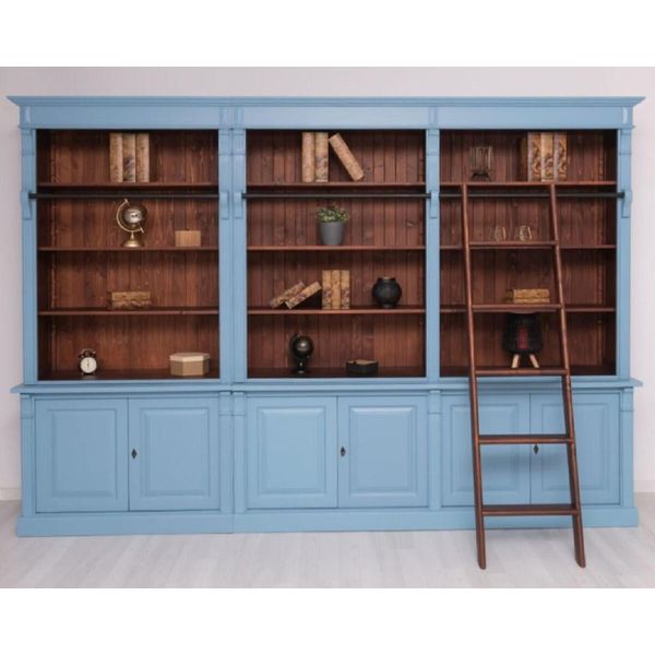 Casa Padrino Libreria In Stile Country Con Scala Blu Chiaro/Marrone Scuro 223 X 51 X H. 228 Cm - Mobile In Legno Massello - Mobile Da Soggiorno - Mobile A Scaffale - Mobile Da Ufficio - Mobili In Stile Country-image