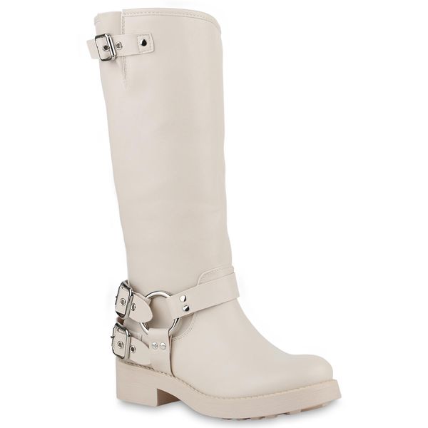 Van Hill Donna Stivali Biker Leggermente Foderati Stivali Fibbie Rivetti Scarpe 840846, Colore: Beige, Taglia: 37-image