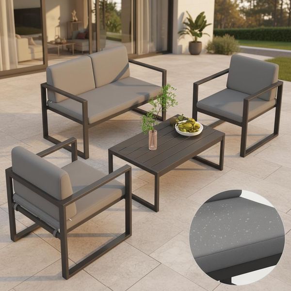 Mucola Set Di Sedute In Alluminio 4 Pezzi Set Da Pranzo Lounge Resistente Alle Intemperie Tavolo Grigio Mobili Da Giardino Balcone-image