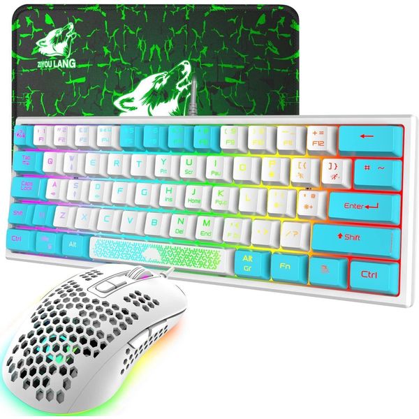 Set Tastiera E Mouse Da Gioco: 62 Tasti Cablati, 7 Retroilluminazione Led Rgb, 19 Tasti Anti-Ghosting + Mouse Da Gioco Ultraleggero Da 2400 Dpi-image