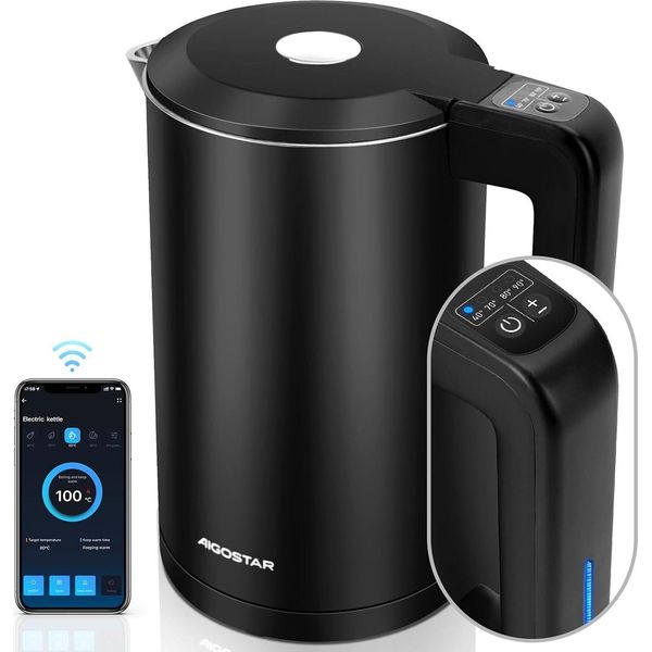 Bollitore Intelligente Da 1,7L In Acciaio Inox Con Impostazione Della Temperatura 40°C-100°C, Controllo Wifi, Compatibile Con Alexa, Silenzioso, Senza Fili, Funzione Keep Warm, Nero-image