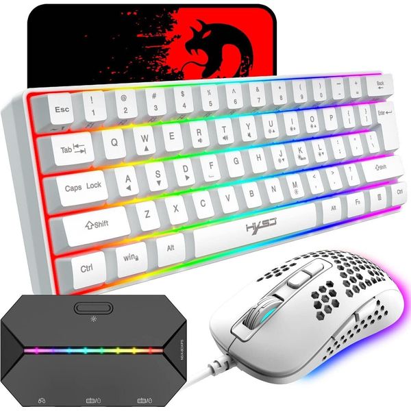 60% Tastiera Da Gioco Compatta Con Cavo, 61 Tasti, 11 Tasti Rgb Completi, Anti-Ghosting + Mouse Da Gioco Leggero, 2400 Dpi, Mouse Ottico Con Motivo A Nido D'ape-image