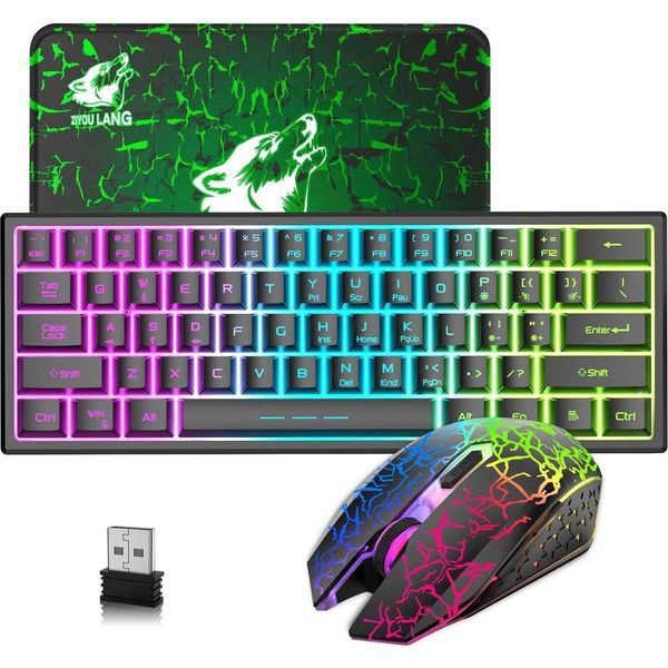 2.4Ghz Tastiera Mouse Gaming Set Senza Fili Illuminato, 61 Tasti Arcobaleno 3800Mah Ricaricabile Meccanica Sentire Tastiera, 2400 Dpi Luce Arcobaleno-image