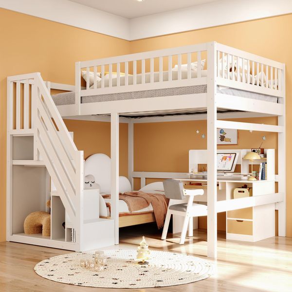 Letto A Castello Flieks 140X200Cm Con Protezione Anticaduta, Letto A Soppalco Con Scale Con Appendiabiti E Ripiani, Letto Per Bambini Matrimoniale Con Rete A Doghe, Bianco-image