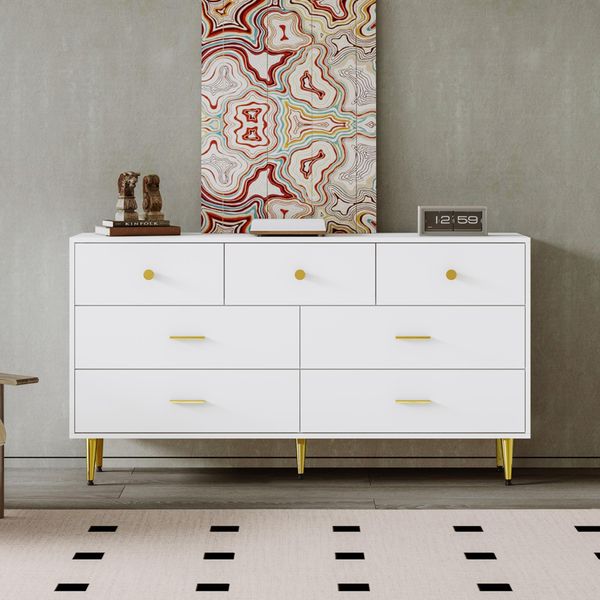 Fortuna Lai Credenza Bianca, 7 Cassetti, Maniglie Dorate, Gambe Dorate, Guide Scorrevoli Per Cassetti, 140*35*76 Cm, Credenza Da Sala Da Pranzo, Credenza Da Cucina, Armadio Contenitore, Cassettiera Con Cassetti Rialzati-image
