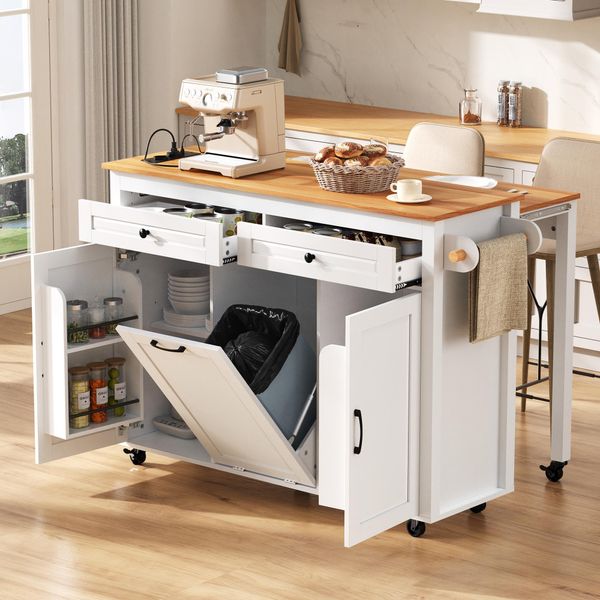 Isola Cucina Fortuna Lai Su Ruote, Zona Pranzo Estraibile Isola Cucina Con Piano Di Lavoro E Scomparto Per Contenitore Rifiuti, Isola Cucina Mobile Indipendente Con Prese Multiple, Ideale Per Cucina E Sala Da Pranzo (Bianco)-image