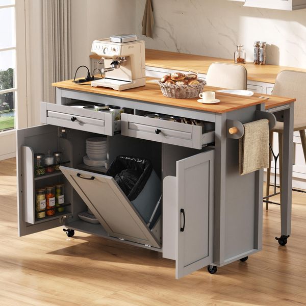 Isola Cucina Fortuna Lai Su Ruote, Zona Pranzo Estraibile Isola Cucina Con Piano Di Lavoro E Scomparto Per Contenitore Rifiuti, Isola Cucina Mobile Indipendente Con Prese Multiple, Ideale Per Cucina E Sala Da Pranzo (Grigio)-image