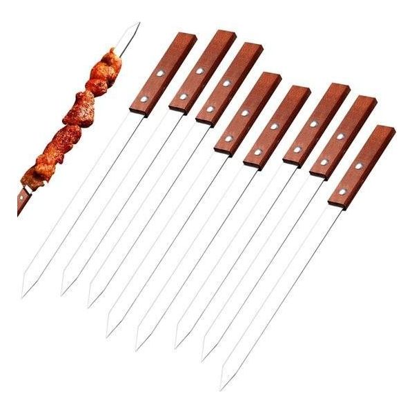 Confezione Da 8 Spiedini Piatti Da Shashlik Riutilizzabili (60 Cm) - In Acciaio Inox Con Manico In Legno - Spiedini Da Kebab Per Carne E Verdure - Accessori Per Barbecue-image