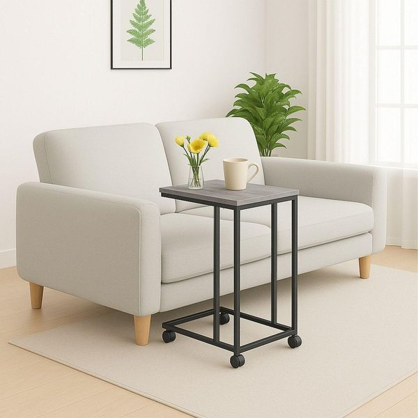 Tavolino Laterale A Forma Di C Con Ruote - Piano Effetto Legno-image