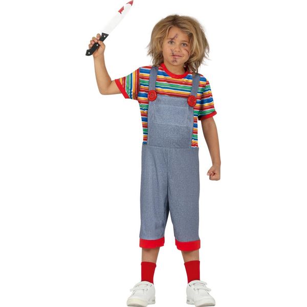 Horror Doll Costume Di Halloween Costume Spaventoso Per L'avventura E Il Divertimento Con Strisce T Shirt Lunghezza Ginocchio Salopette Rosso Dettagli Look Spaventoso Bambini Occasioni Divertente Costume Party Spaventoso, Taglia: 110/116 Colore: Blu-image