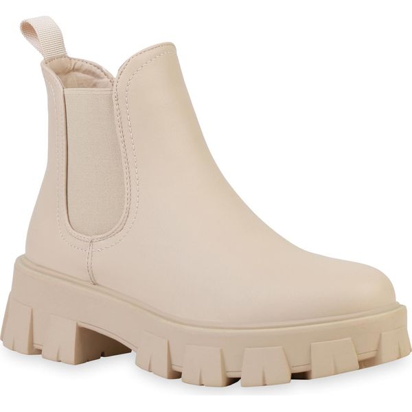 Van Hill Donna Stivaletti Stivali Piattaforma Tacco A Blocco Profilo Suola Scarpe 836326, Colore: Beige, Taglia: 40-image