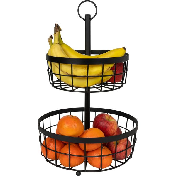 Quvio Cesto Per Frutta A 2 Strati - Fruttiera - Organizzatore Di Frutta - Ciotola Decorativa - Cesto Per Riporre La Frutta - Ciotola - Due Cesti - Strati - Metallo - 29 X 29 X 46 Cm (Lxlxh) - Nero-image