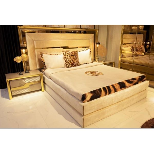 Letti Oro Letto Tessile 2X Comodino 3 Pezzi Camera Da Letto Set Mobili Moderna-image
