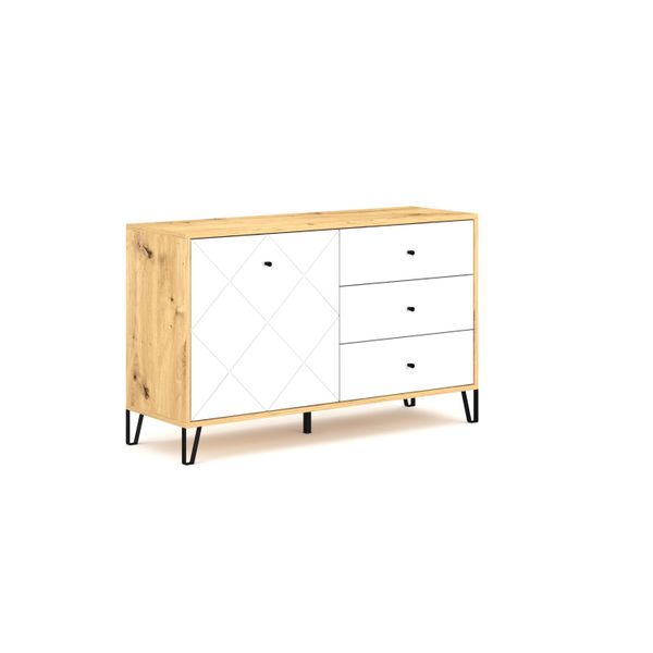 Cassettiera A Un'anta Con Tre Cassetti Per Soggiorno E Camera Da Letto "Bilbao"" Rovere Bianco Opaco Artigianale, 123,4 Cm X 40 Cm X 75,2 Cm."-image